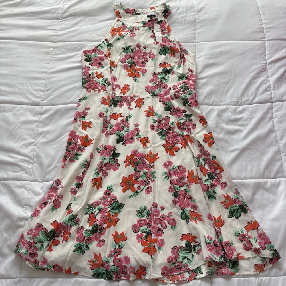 NWT Ann Taylor Halter Dress Womens 14 Floral‎ White Pink Bow Feminine Dainty